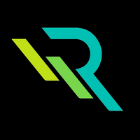A stylized graphic logo featuring a bold letter 'R' in teal and lime green on a solid black background.
